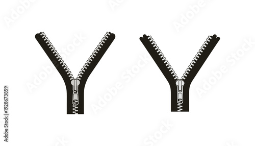 Two black y shaped zippers on a white background side by side