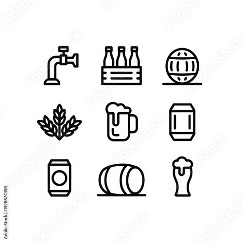 A collection of beer-related icons including a tap, bottles, barrel, hops, mug, and cans.