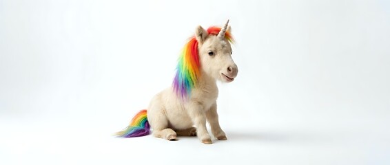 White puppy wearing colorful rainbow unicorn horn and mane costume on clean background. Adorable dog in fantasy outfit for pet accessories and costumes.