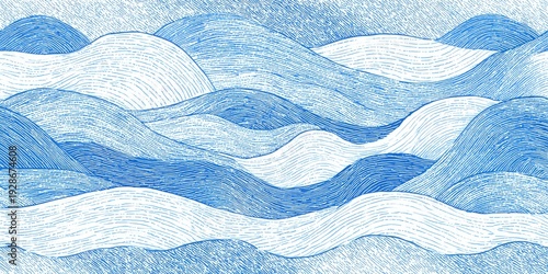 A hand-drawn blue and white landscape of rolling hills, created with pen-like crosshatching