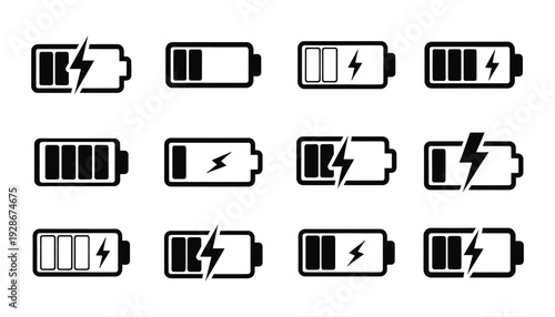 Battery icons with various charge levels and lightning bolt symbols