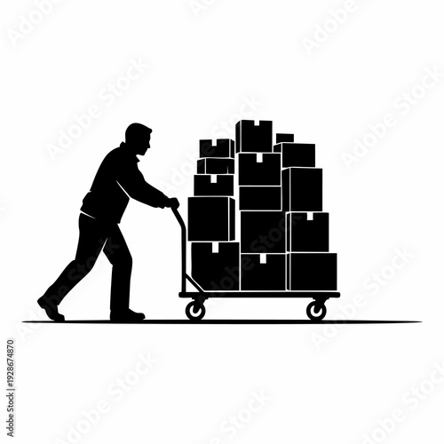 Man silhouette pushing heavy warehouse trolley with stack of cardboard boxes isolated on white background