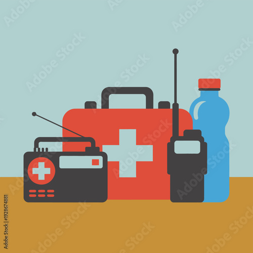 Emergency preparedness kit with first aid, radio, walkie-talkie, and water bottle.