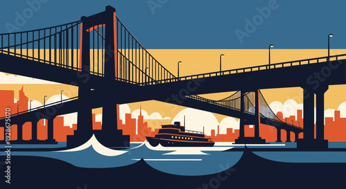 Suspension Bridge over Water with City Skyline.