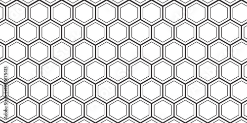 A repeating pattern of black and white hexagons. The design features a grid of honeycomblike shapes with thick black outlines. The interior of each hexagon is white