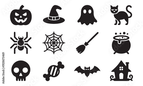 Halloween icons set including pumpkin spider web ghost cat witch hat skull bat house