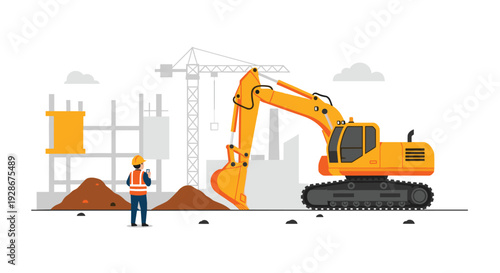 A large orange hydraulic excavator sits on a construction site next to dirt mounds and a worker wearing a safety vest.