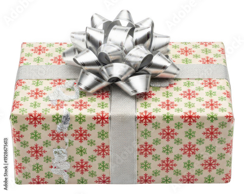 Christmas gift box png snowflake paper png silver ribbon png bow png holiday celebration png isolated png transparent background image