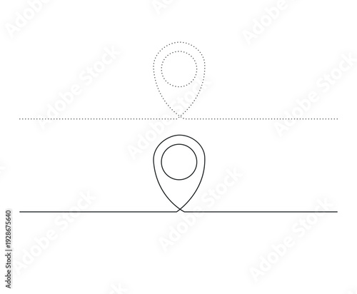 Map location pin icon set with continuous line drawing and dotted line style, minimalist GPS navigation pointer vector illustration for travel, destination, and tracking concepts.