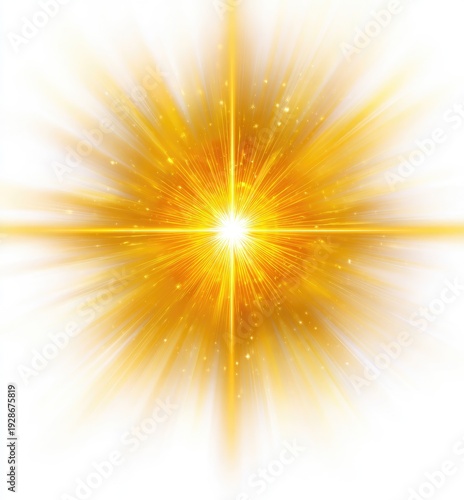 Glowing starburst emanating light, golden hues on white background