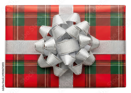 Red tartan gift box png silver ribbon png silver bow png festive present png holiday decoration png isolated png transparent background image