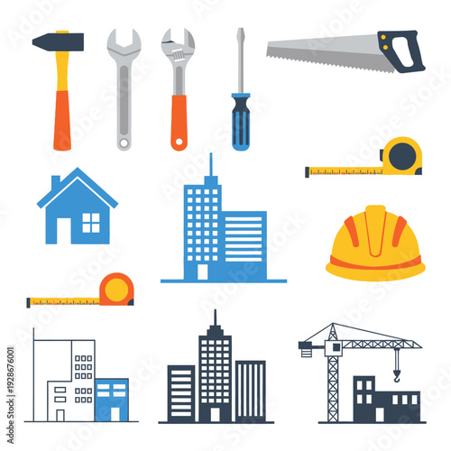 Construction and Renovation Tools and Buildings Icons Set