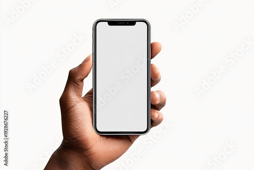 Dark-skinned hand holding a smartphone with a blank, white screen against a white backdrop