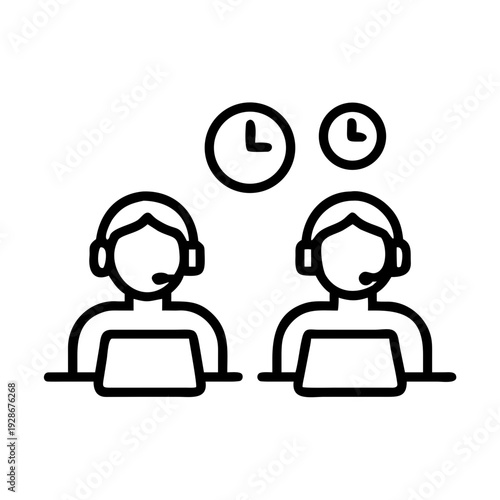 Team of female customer support operators wearing headsets work diligently at their desks with various communication icons and clocks.