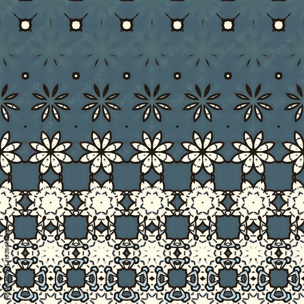 Fototapeta premium A blue and white pattern with flowers. The flowers are in different sizes and shapes. The pattern is made up of squares and circles