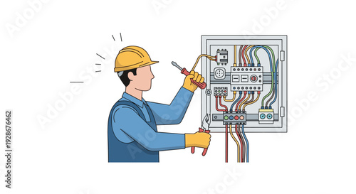 An electrician wearing a yellow hard hat and blue work clothes uses a screwdriver and pliers to repair a circuit panel.