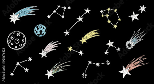 Celestial constellations and comets adorning a dark night sky, a cosmic journey through stars and the moon