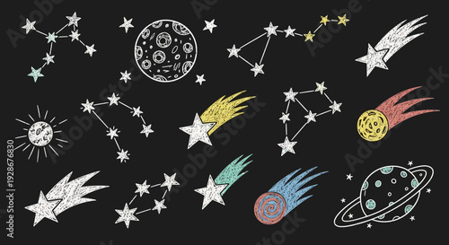 Chalkboard art depicting celestial bodies, constellations, comets, and planets in a whimsical, hand-drawn style