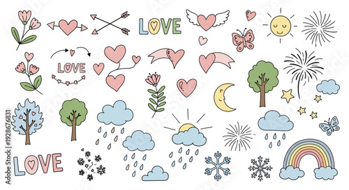 A whimsical collection of hand-drawn illustrations featuring hearts, clouds, rainbows, and natural elements for diverse design applications