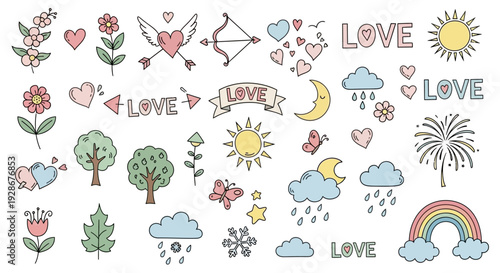 Whimsical hand-drawn vector doodle collection featuring cute love symbols, charming nature elements, and cheerful weather icons for delightful design projects