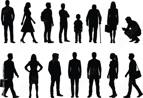 Set of black silhouettes of people in various poses, including walking, standing, sitting, and representing different ages and lifestyles