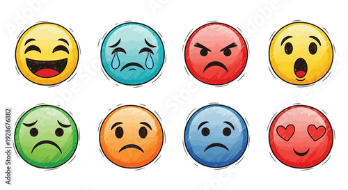 Collection of cartoon-style emoticons expressing a wide range of emotions, including joy, sadness, anger, and love