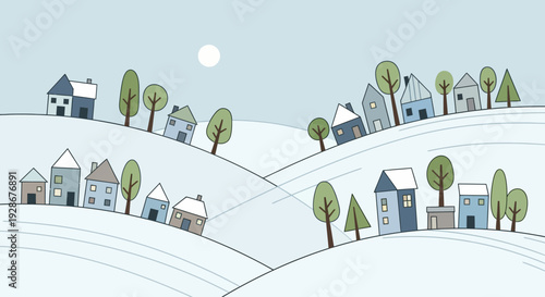 Illustration of Houses and Trees in Snowy Landscape.