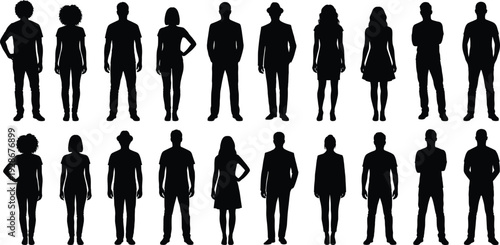 Vector silhouettes of diverse men and women standing in rows, professional people group isolated on white background for design