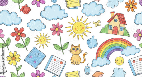 Cheerful and Artistic Doodle Montage Pattern with Playful Illustrations of Nature, Home, and Everyday Objects, Perfect for Children's Themes and Creative Designs