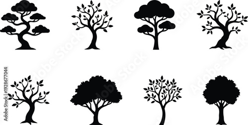 Set of black tree silhouettes including bonsai, oak, and leafy branches isolated on white background for nature graphic design projects