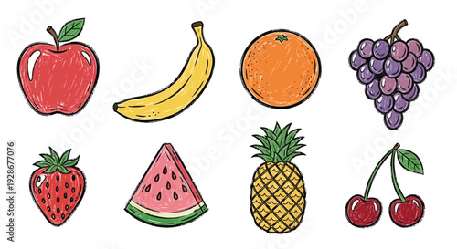Vibrant Collection of Fresh Fruits in a Hand-Drawn Style Apples, Bananas, Oranges, Grapes, Strawberries, Watermelon, Pineapple, and Cherries