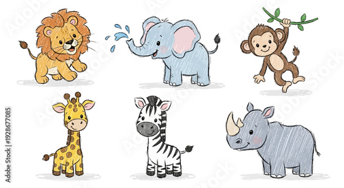 Cute hand-drawn baby safari animal set lion, elephant, monkey, giraffe, zebra, and rhino. Ideal for kids' projects, nursery decor, and playful educational designs