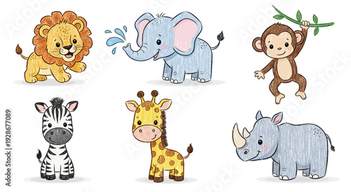 Cute cartoon safari animals collection including a lion, elephant, monkey, zebra, giraffe, and rhino, perfect for children's designs and educational materials