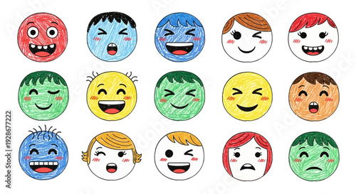 Collection of Hand-Drawn Doodle Emojis Expressing Various Human Emotions and Facial Feelings in a Playful Cartoon Style