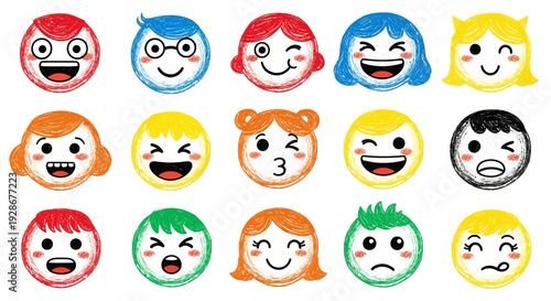 Collection of Cute and Colorful Cartoon Faces with Various Expressive Emotions, Rendered in a Chalky, Hand-Drawn Style