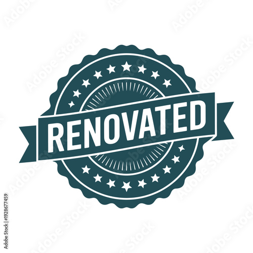 A teal and white seal-shaped graphic element with the word "RENOVATED" displayed on a banner.
