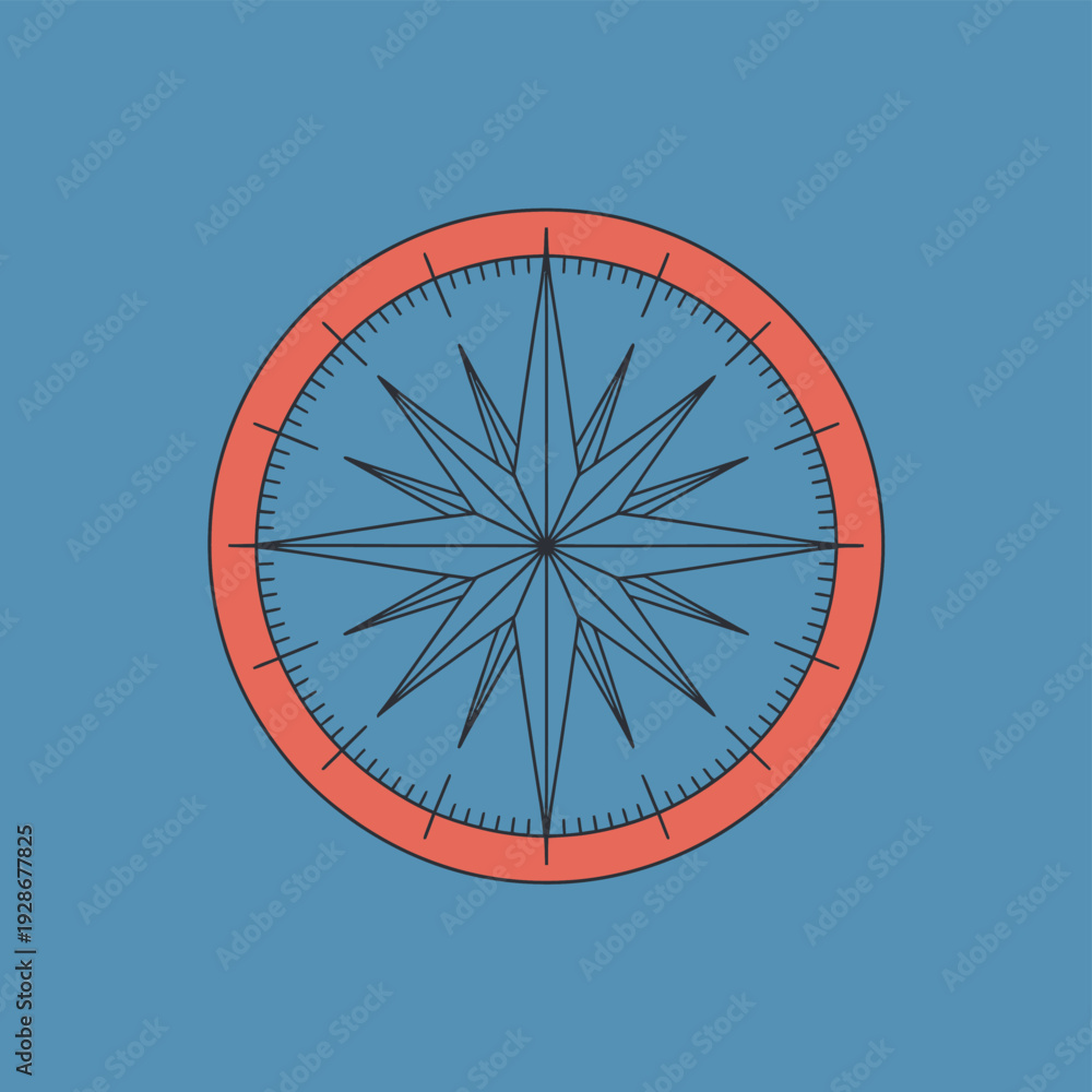 Obraz premium A stylized compass rose illustration is set against a solid blue background with a red outer ring.
