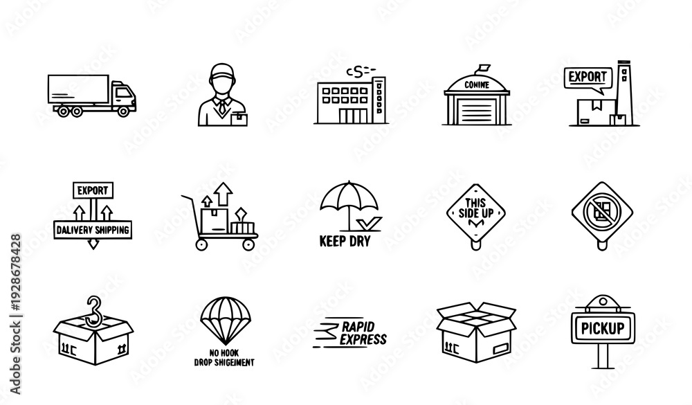 Fototapeta premium Minimal Outline Shipping and Freight Service Icon Collection Isolated on White