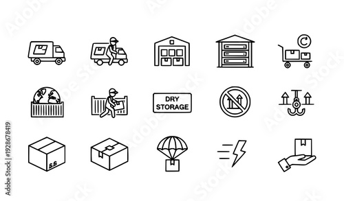 Modern Thin Stroke Transport and Package Handling Outline Icon Pack