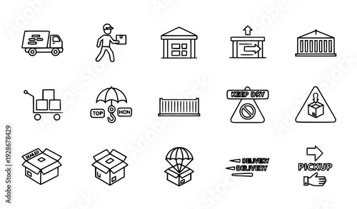 Thin Line Logistics and Delivery Icon Set with Truck Courier and Shipping Symbols