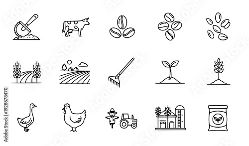 Modern Thin Stroke Agriculture and Agribusiness Outline Icon Pack with Animals and Crops