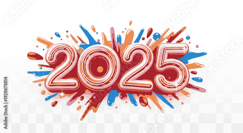 Vibrant 2025 new year celebration graphic with red orange and blue splashes on white background