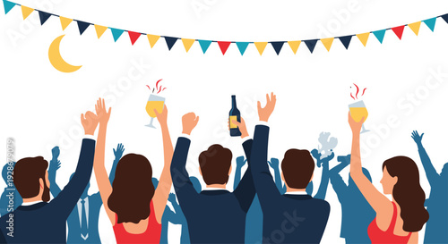 A group of people in formal attire celebrate at night with raised glasses under colorful party bunting and a crescent moon.