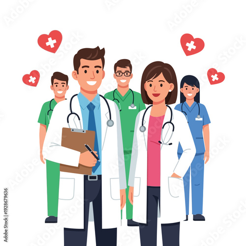 Diverse Medical Team Smiling with Hearts, Healthcare Professionals Group