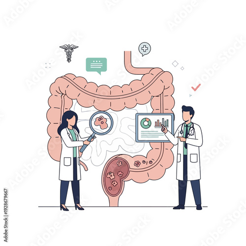 Doctors examine human colon with cancer cells, medical research and diagnosis concept
