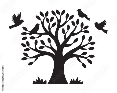 Black tree silhouette with birds flying around branches isolated on white background for nature wall decor