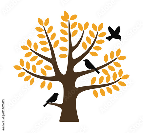 Brown tree with golden yellow leaves and black bird silhouettes sitting on branches for autumn season art
