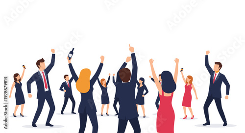 Diverse business professionals in formal suits and dresses dance and cheer with raised arms against a plain white background.