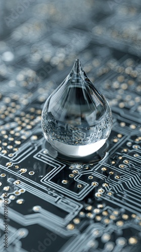 Wallpaper Mural A clear water droplet rests on a complex electronic circuit board, blending nature with technology in a visually striking close-up. Torontodigital.ca