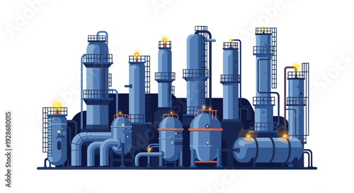 A large industrial refinery complex with tall blue towers spherical tanks and glowing yellow lights is depicted in vector art.